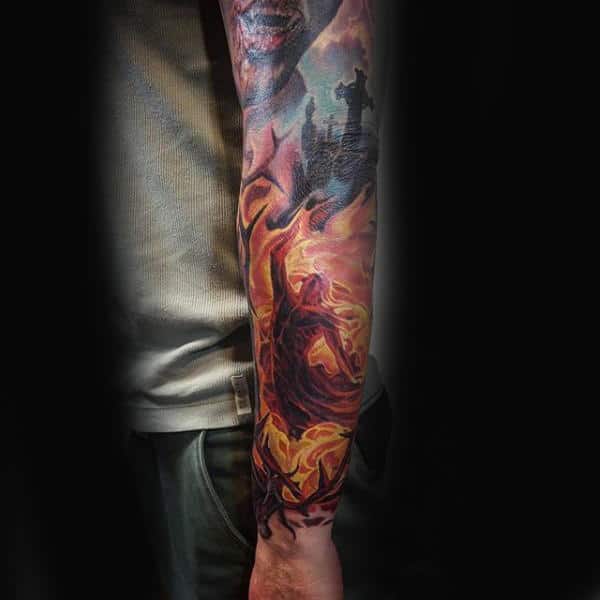 Flaming Mens Sleeve Tattoo Ideas
