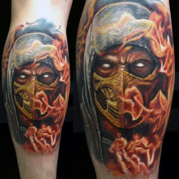 Flaming Mortal Kombat Mens Scorpion Leg Calf Tattoos