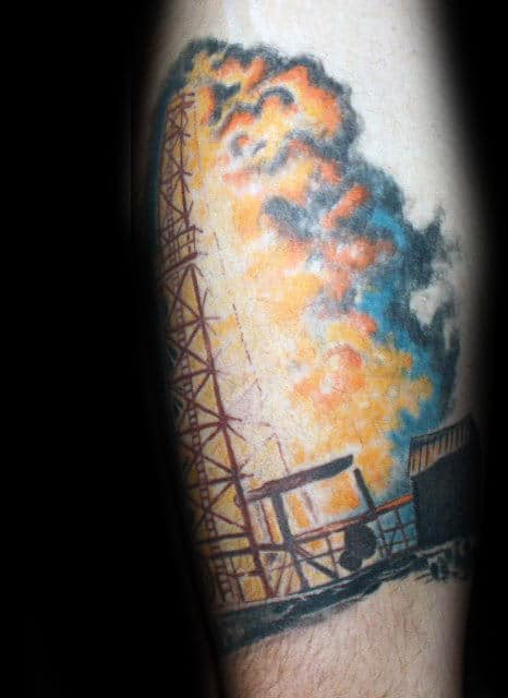 Flaming Oilfield Mens Well Arm Tattoo
