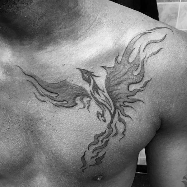 Flaming Shaded Phoenix Mens Tribal Chest Tattoos
