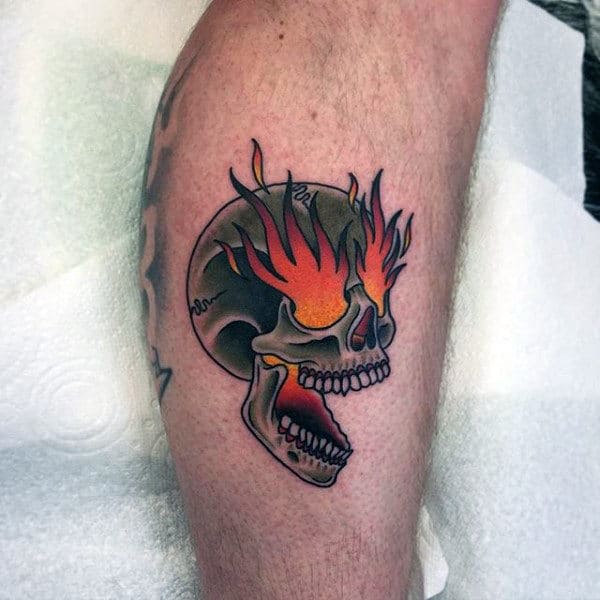 Flaming Skull Eyes Guys Traditional Small Tattoo Designs On Legs