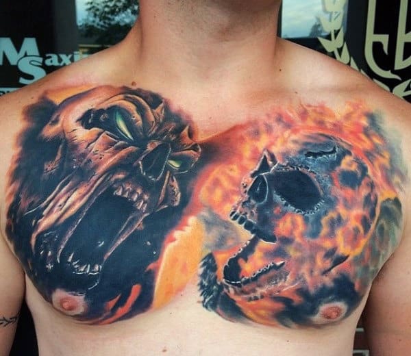 Flaming Skull Spawn Male Chest Tattoos