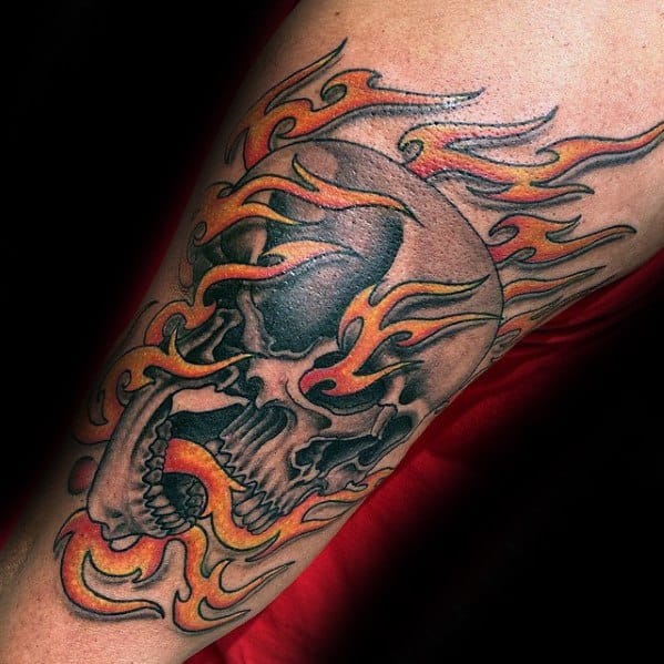 Flaming Skull Tattoo Ideas On Guys Outer Arm