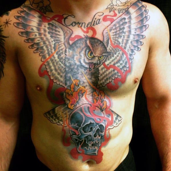 Flaming Skull Tattoos Men With Owl Design On Chest