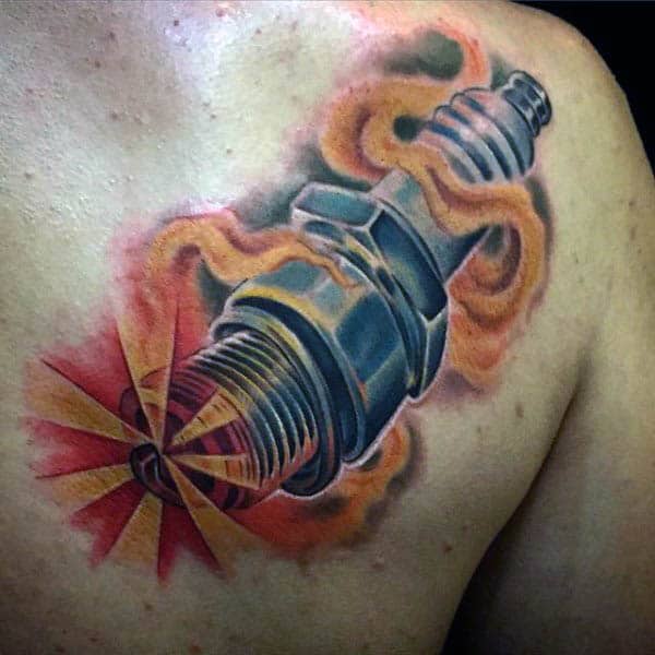Flaming Spark Plug Guys Back Tattoos