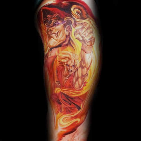 Flaming Street Fighter Mens Leg And Thigh Tattoos