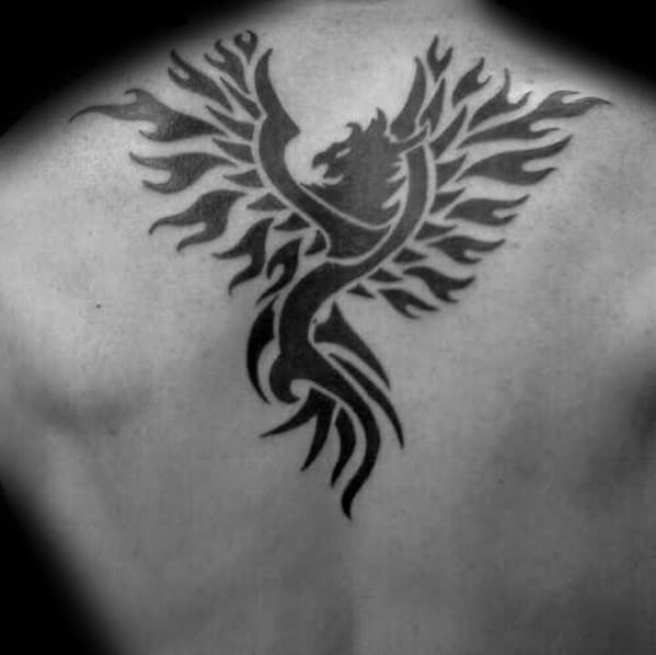 Flaming Tribal Bird Phoenix Mens Upper Back Tattoo