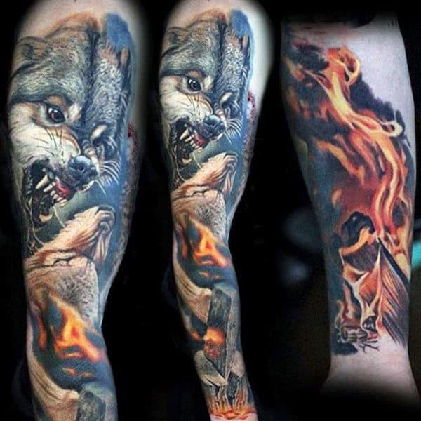 Flaming Wolves Mens Unique Sleeve Tattoo