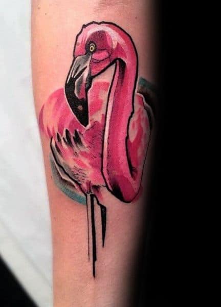 Abstract flamingo tattoo with bold pink hues, watercolor-style shading, and sharp black outlines, creating a modern artistic look.