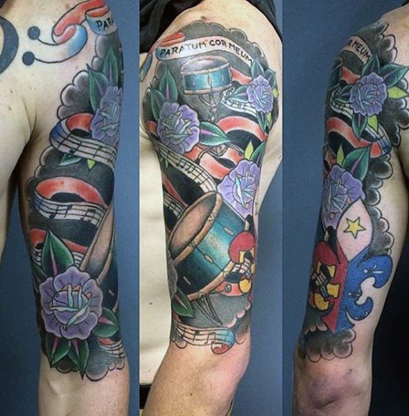 Fleur De Lis Mens Half Sleeve Drummer Tattoos