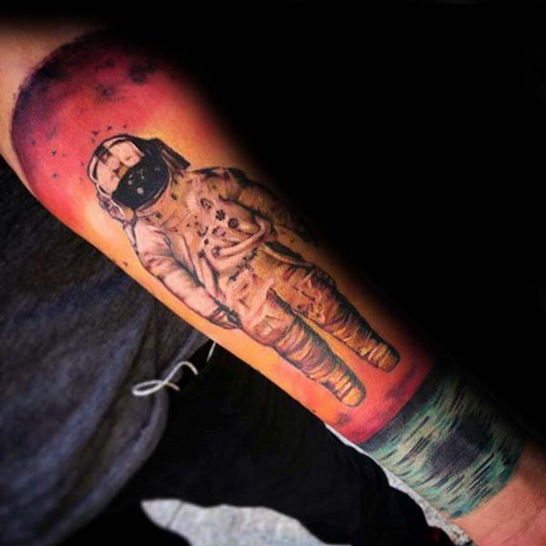 Floating Astonaut With Sunset Mens Nice Inner Forearm Sleeve Tattoo