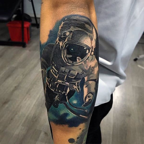Floating Astronaut Artistic Male Outer Forearm Realistic Tattoos