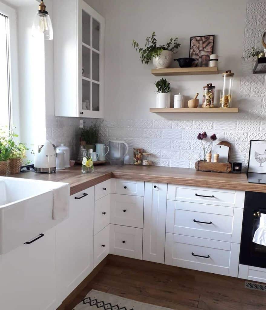 floating wood wall shelves white country kitchen