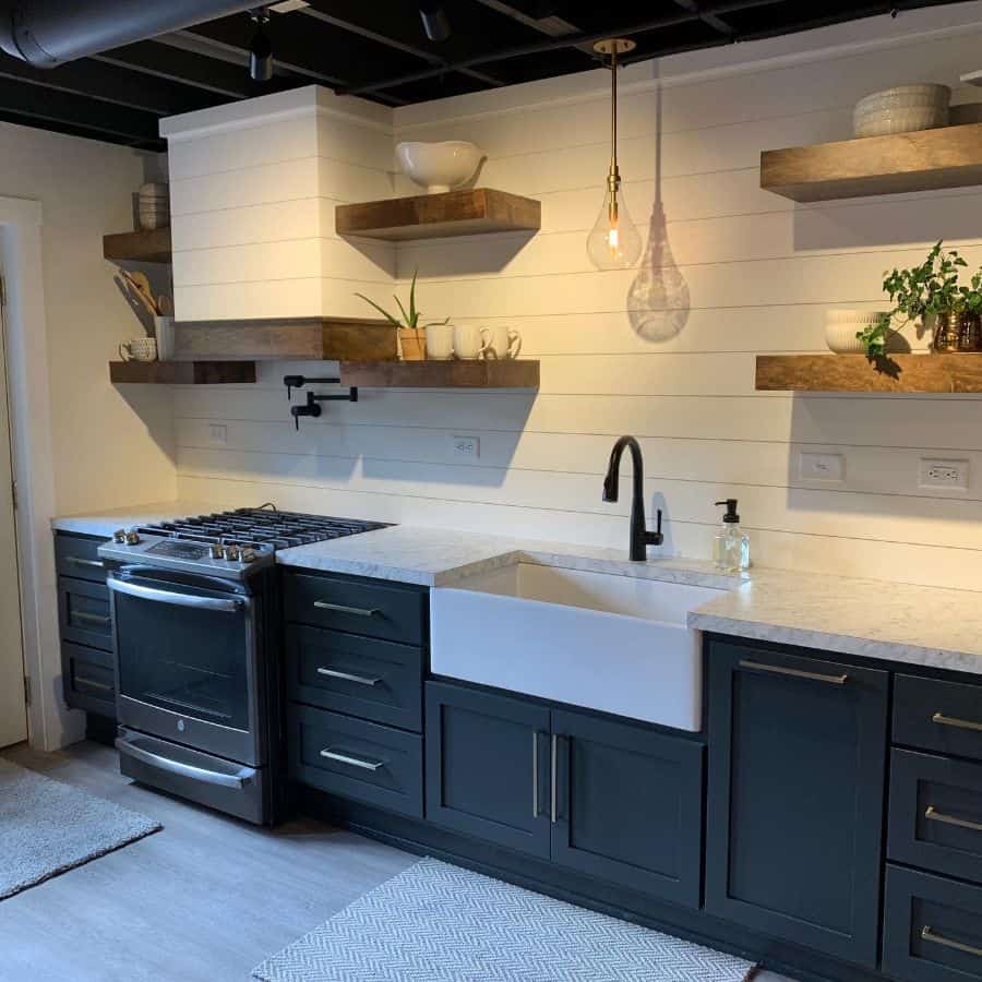 stylish gray cabinet kitchen wood wall shelves white apron sink shiplap walls