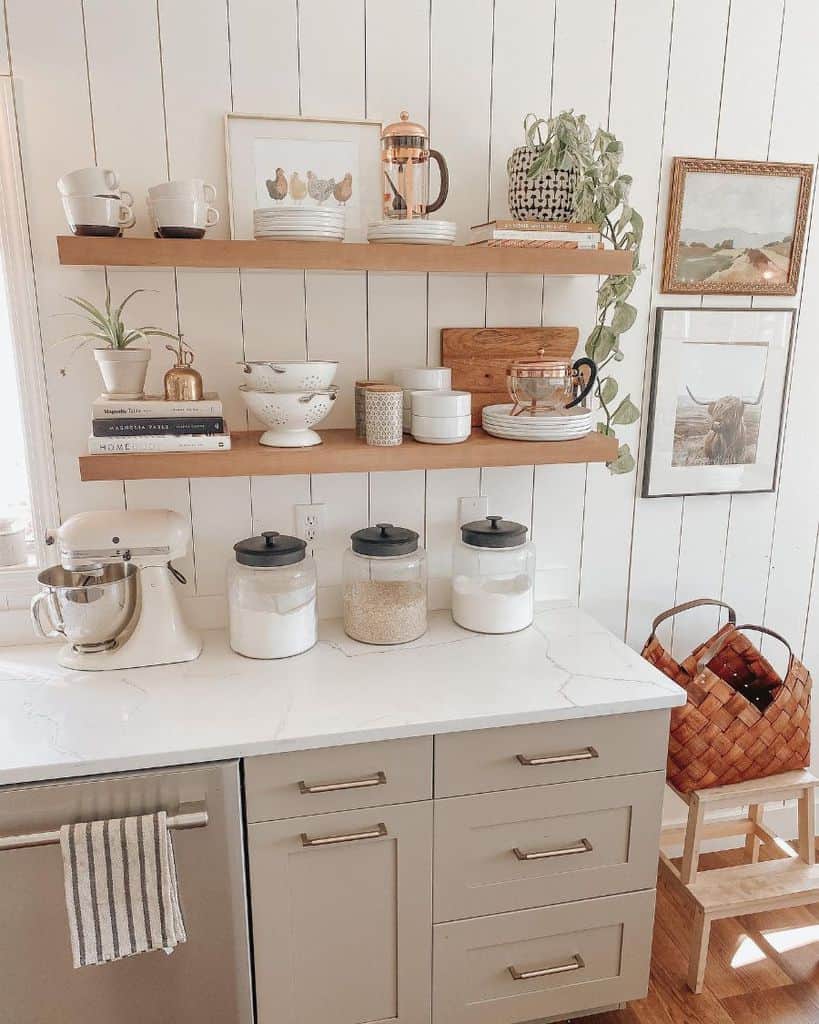 floating wood shelving country kitchen cutlery
