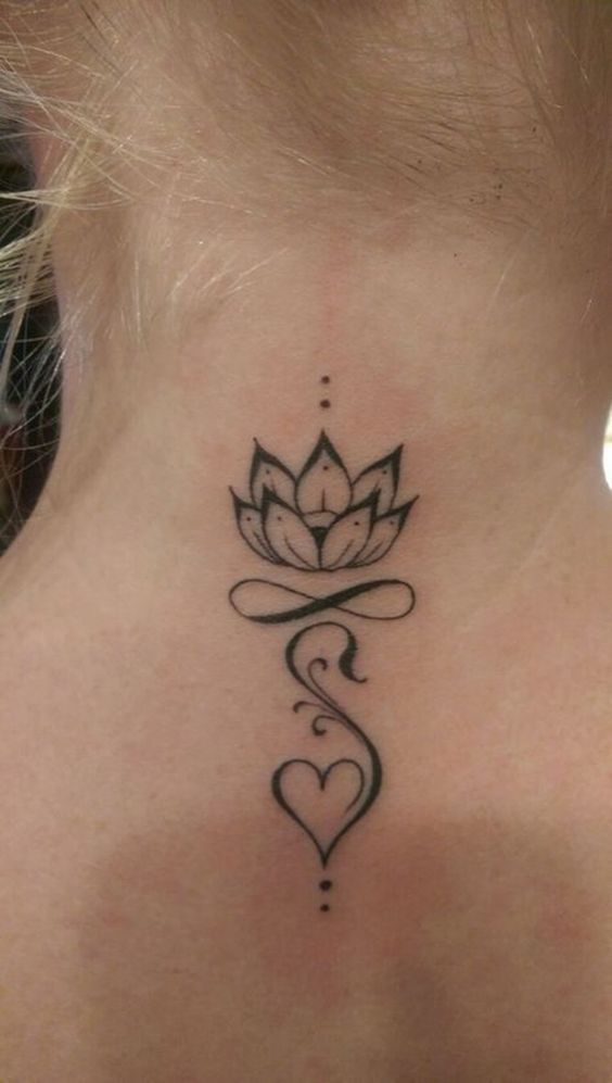 Unalome tattoo with a lotus and heart on the nape, symbolizing love, spiritual growth, and the journey toward enlightenment.