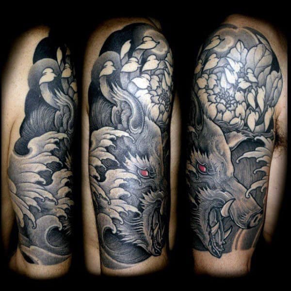 Floral Boar Guys Half Sleeve Tattoo Inspiration