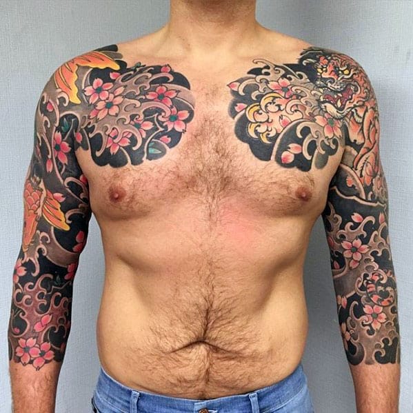 Floral Cherry Blossom With Tiger Guys Half Sleeve Japanese Tattoos