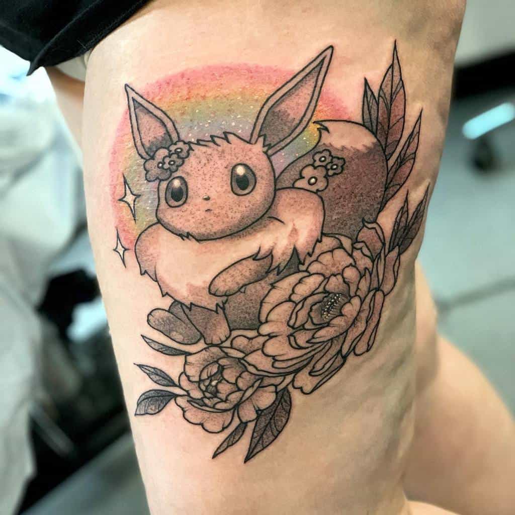 Elegant Eevee tattoo with floral details, a soft rainbow backdrop, and delicate dot shading for a dreamy aesthetic