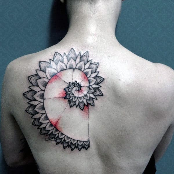 Floral Fibonacci Spiral Mens Upper Back Shoulder Blade Tattoo