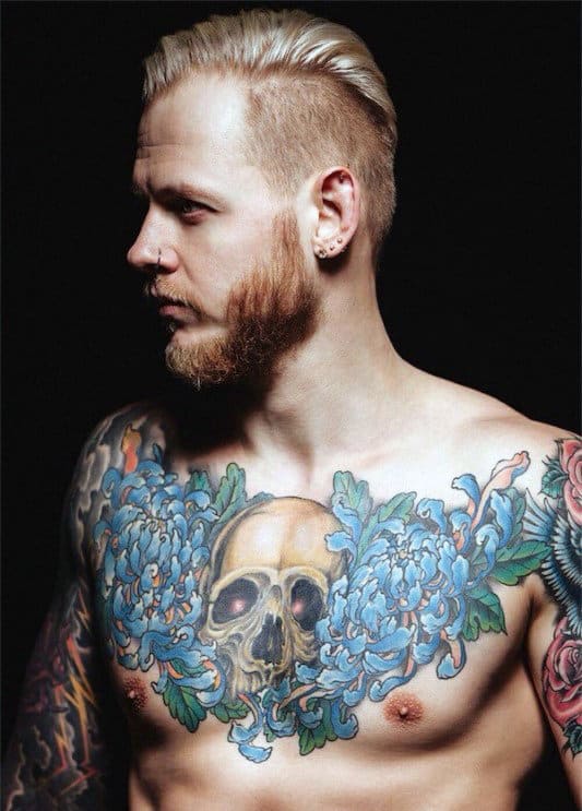 Floral Flowers Male Chest Skull Tattoos