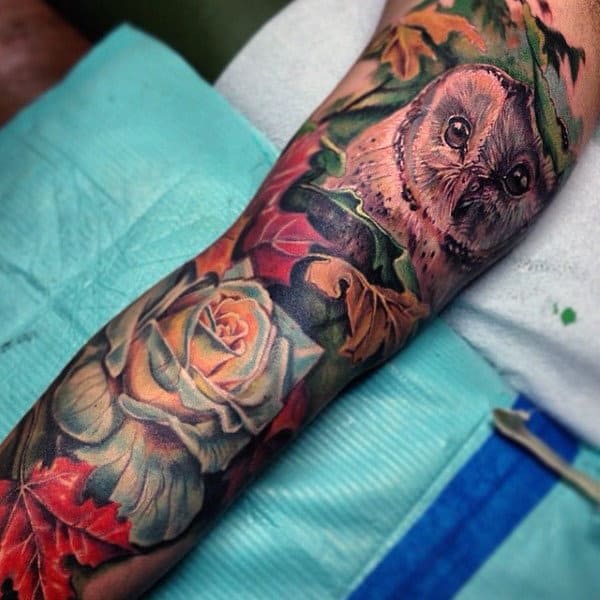 Floral Guys Tree Leaf Tattoos With Owl Full Sleeve In Color