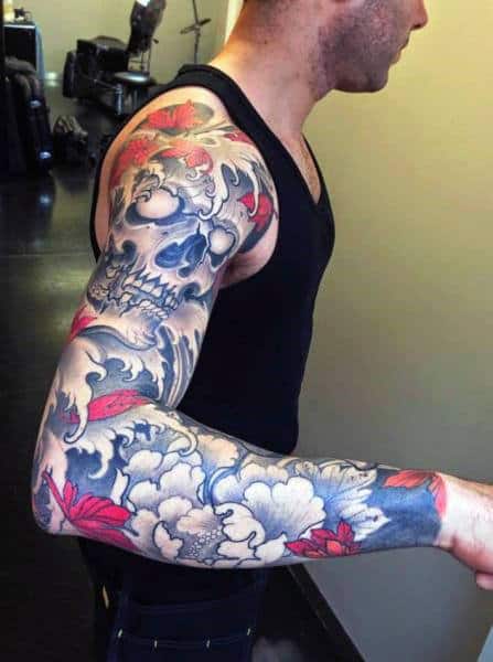 Floral Half Sleeve With Skull And Water Design Mens Japanese Tattoos