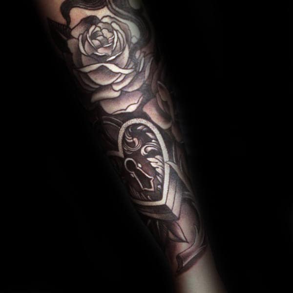 Floral Heart Lock Mens Sleeve Tattoos