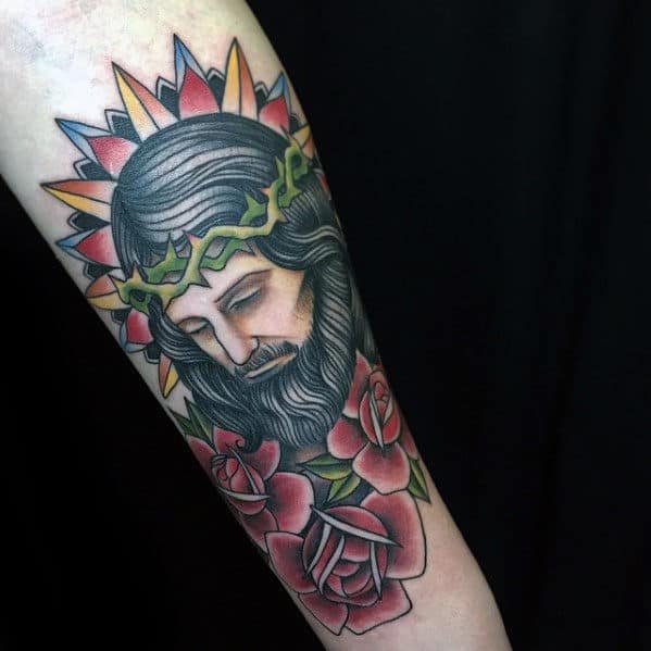 Floral Jesus Forearm Traditional Tattoos For Men