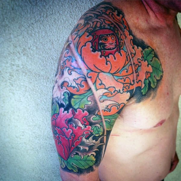 Floral Male Daruma Doll Half Sleeve Tattoo Ideas