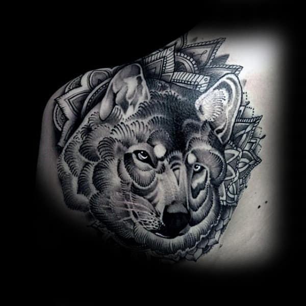 Floral Male Wolf Back Tattoo Designs