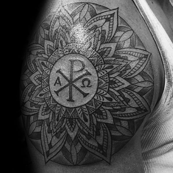 Floral Mens Chi Rho Upper Arm Tattoos
