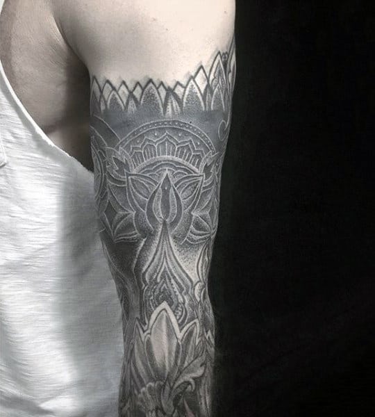 Floral Mens Half Sleeve Tattoo With White Ink