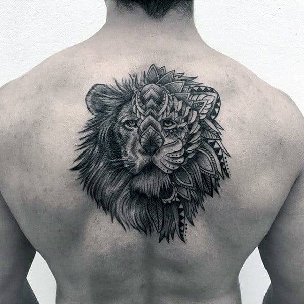 Floral Mens Pattern Lion Back Tattoo Ideas