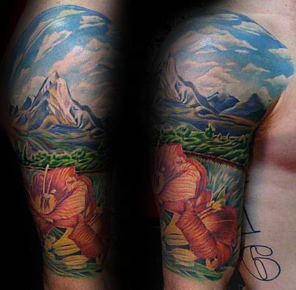 Floral Mountains With Sky Landscape Half Sleeve Tattoo On Male