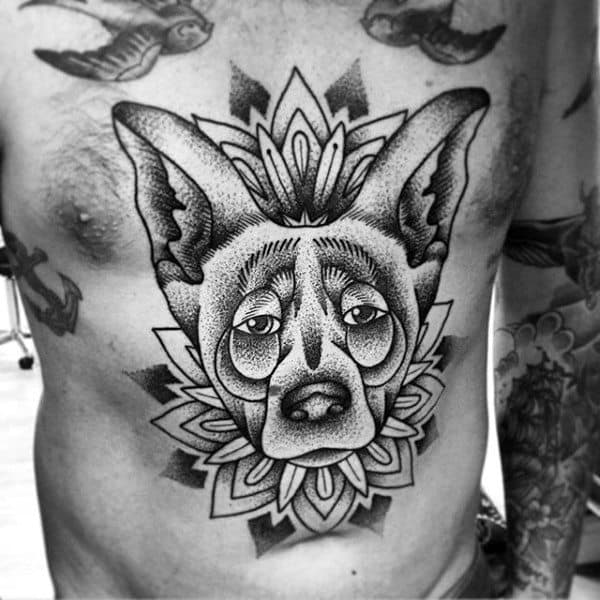 Floral Pattern German Shepherd Mens Dotwork Stomach Tattoo