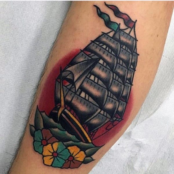 Floral Sailing Ship Guys Small Traditional Tattoo Ideas On Leg