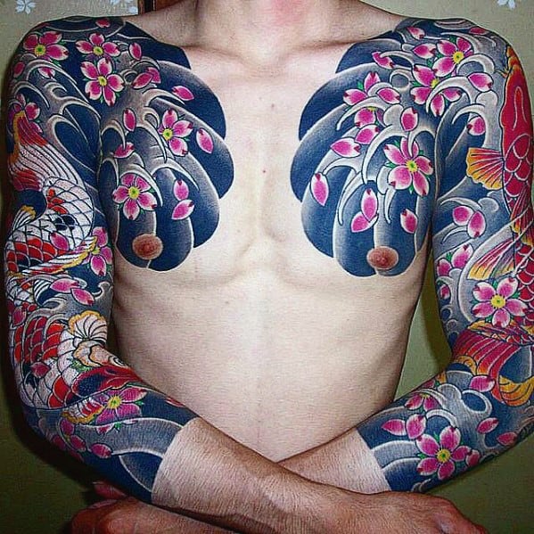 Floral Traditional Japanese Male Chest Water Waves Tattoo