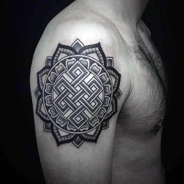 Floral Upper Arm Endless Knot Tattoos For Guys
