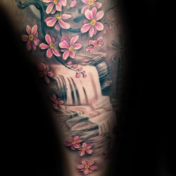 Floral Waterfall Mens Arm Sleeve Tattoo