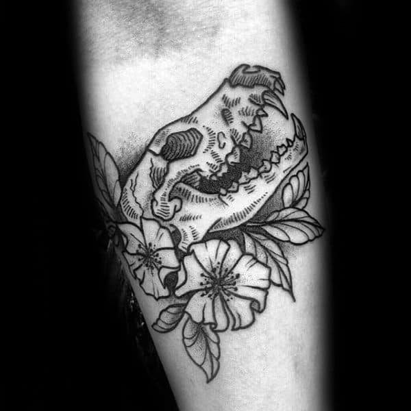 Floral Wolf Skull Tattoos For Men On Forearm