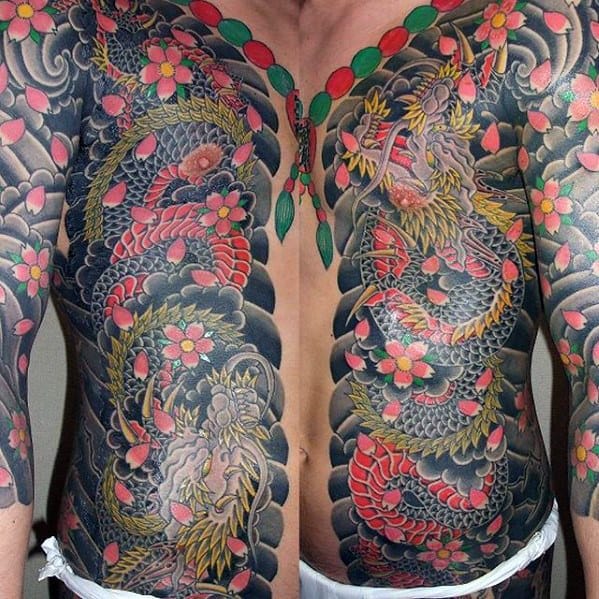 Flordal Japanese Guys Full Chest Dragon Tattoos