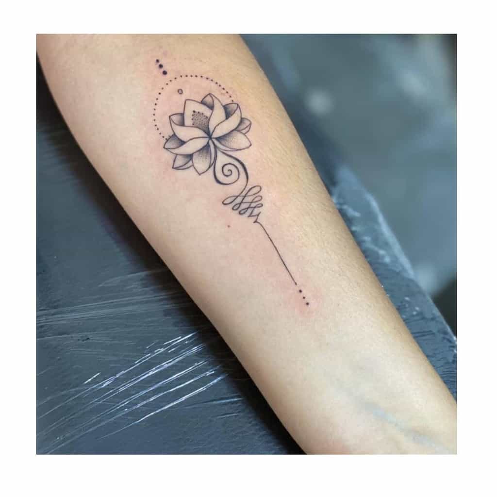 Unalome tattoo with a lotus on the forearm, symbolizing spiritual growth, enlightenment, and the journey to inner peace.
