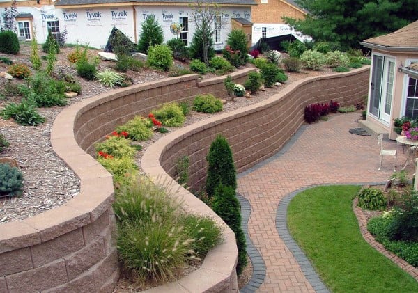 Curved retaining walls with landscaped flower beds, brick pathways, and a cozy patio area.