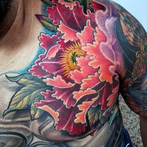 Flower Chest And Shoulder Rad Tattoos For Gentlemen