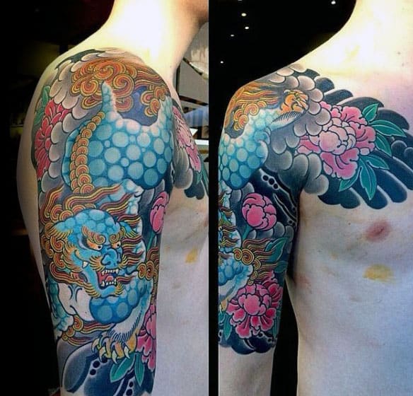 Flower Foo Dog Mens Half Sleeve Japanese Tattoo Ideas