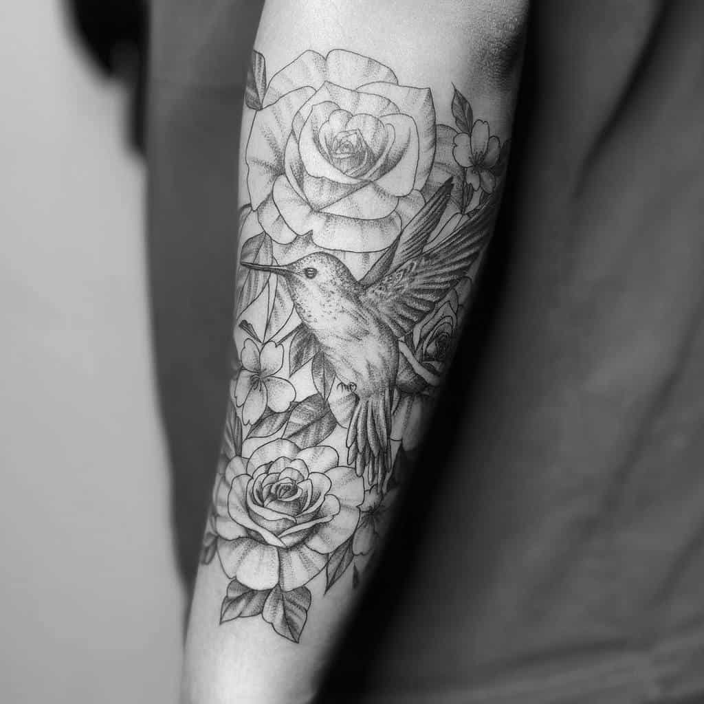 Black and grey tattoo of a hummingbird and roses on a woman's arm