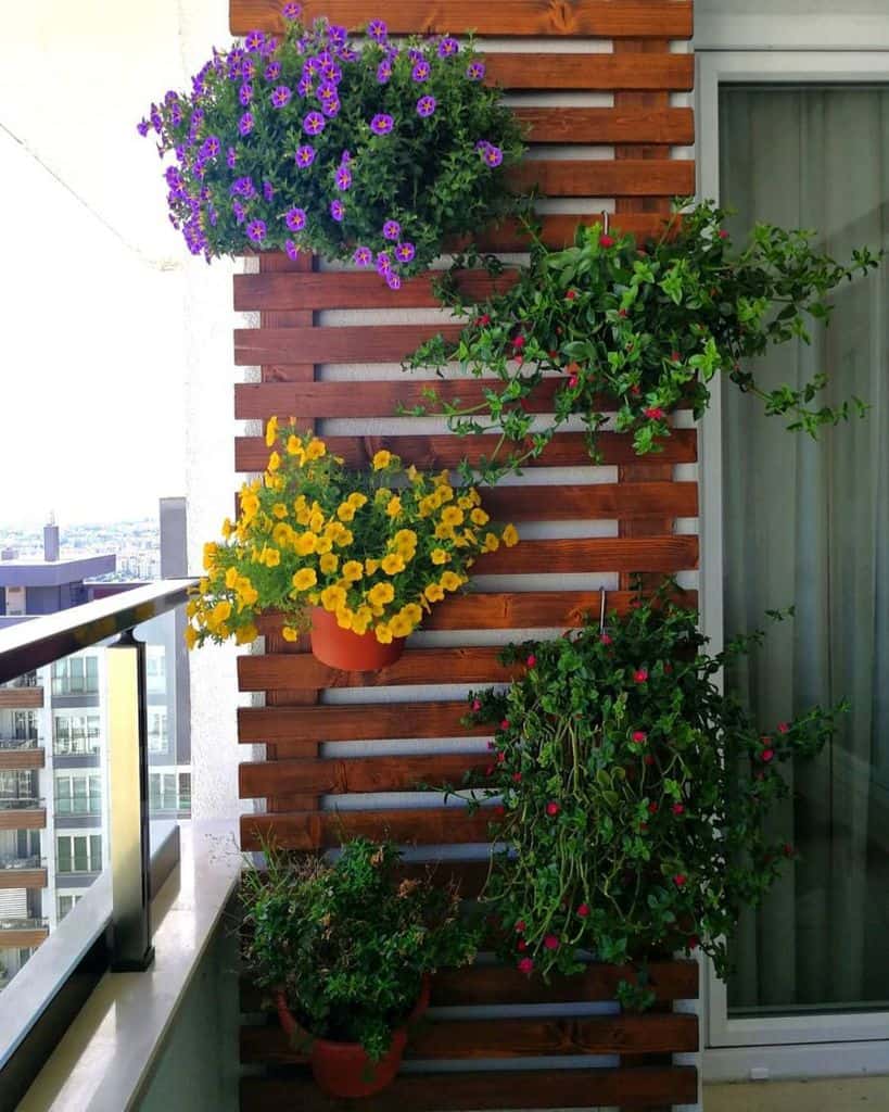 Wooden vertical garden with colorful hanging potted flowers on a modern balcony.