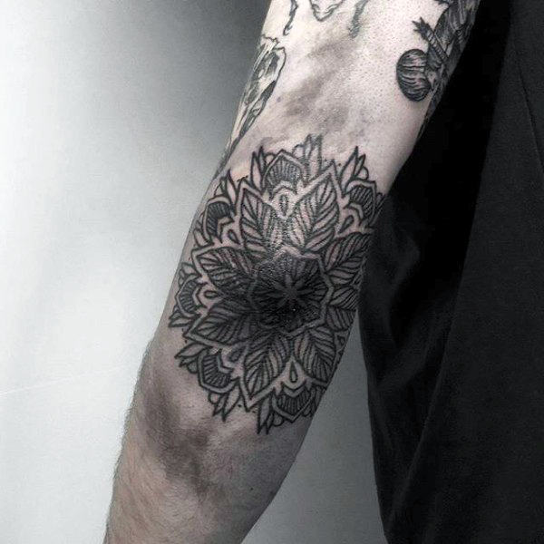 Flower Linework Elbow Tattoo Designs For Guys