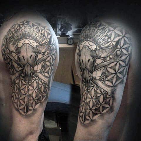 Flower Of Life Bull Skull Mens Half Sleeve Tattoos
